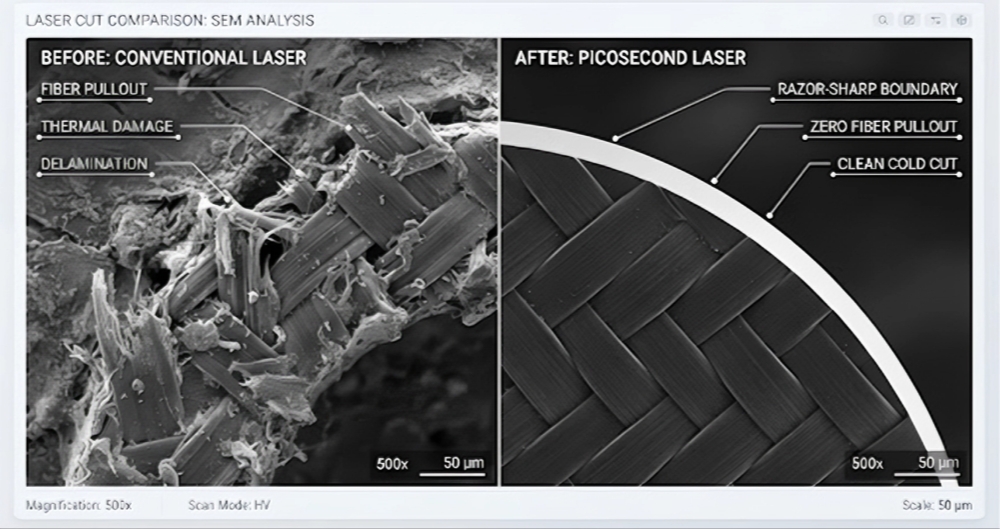 SEM micrograph comparison: conventional thermal laser vs picosecond cold cut carbon fiber gasket edge, no delamination, burr‑free finish
