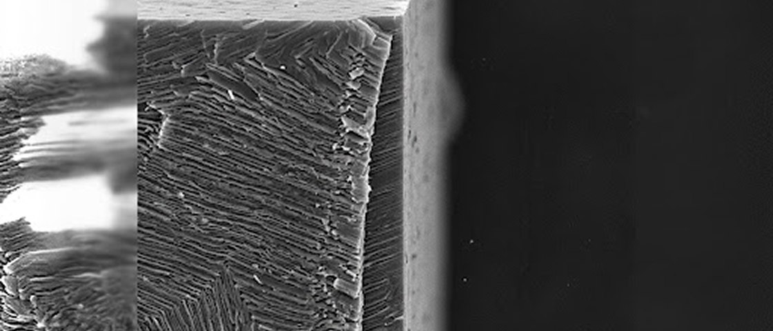 Scanning electron microscope SEM micrograph of laser cut boron nitride sheet cross section