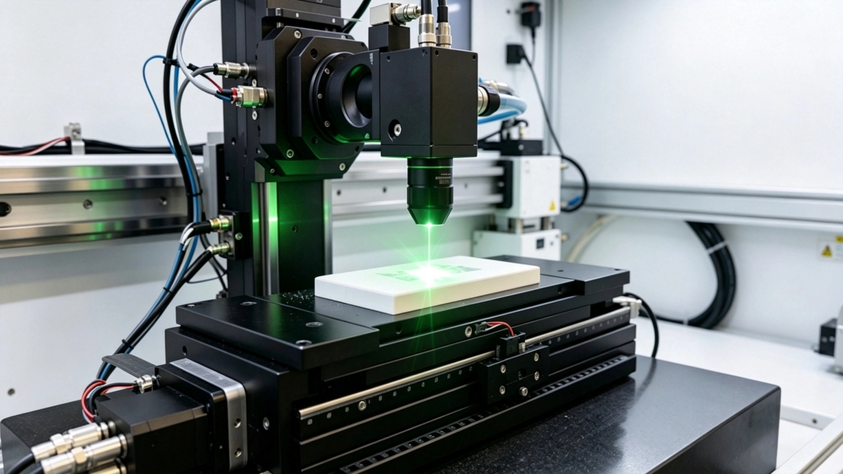 Close‑up of picosecond laser machining head focusing on boron nitride workpiece