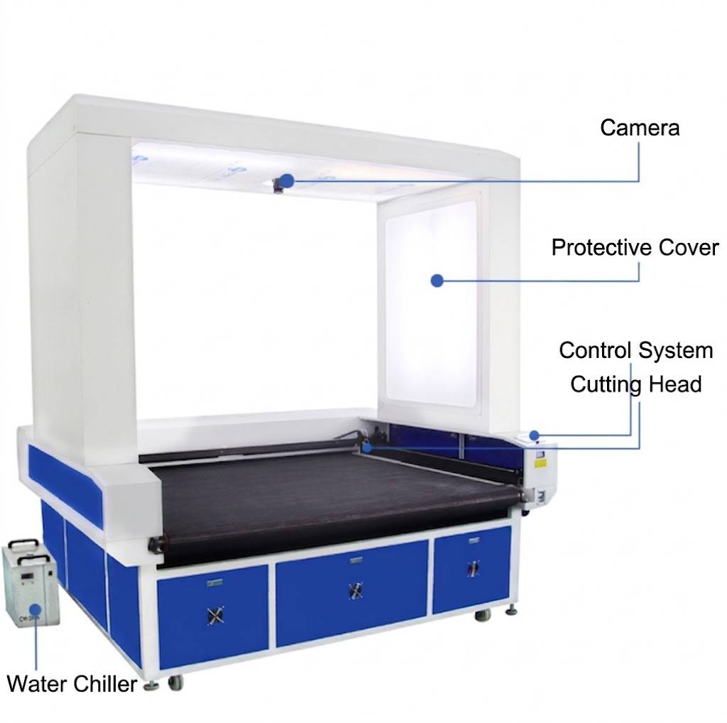 Máquina automática de corte a laser para tecidos com reconhecimento de câmera